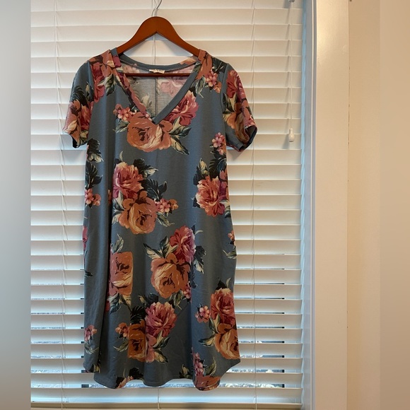 Blue + Pink Flowered Dress with Pockets - Picture 2 of 7